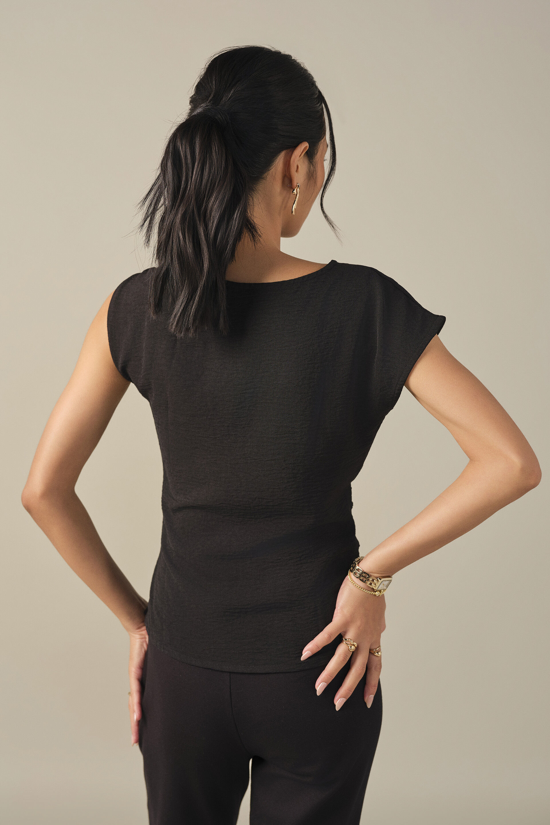 Solid Asymmetric Neckline Top in Black, Black, image 5